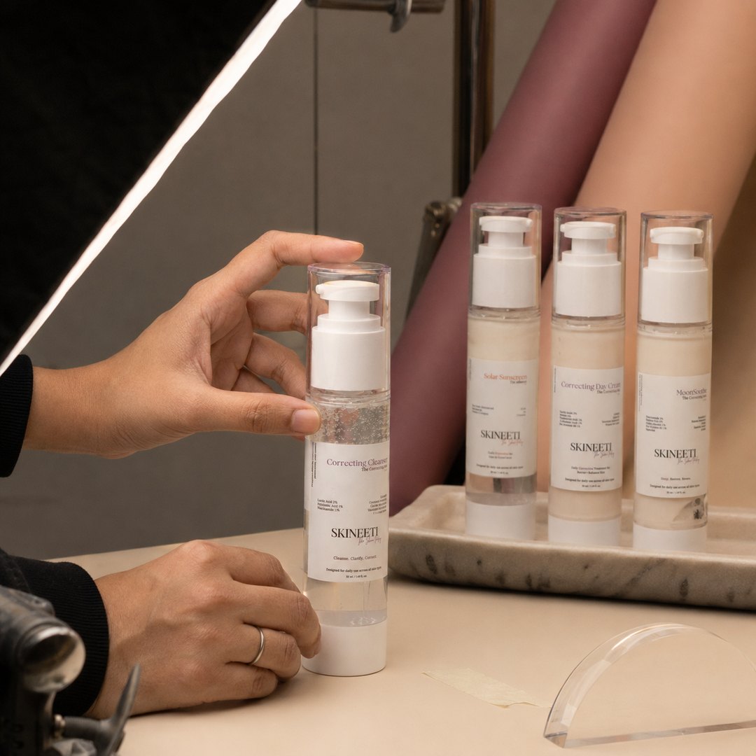 Behind the scenes. Every shot, every percentage, checked twice — because honest skincare starts before the bottle reaches you.