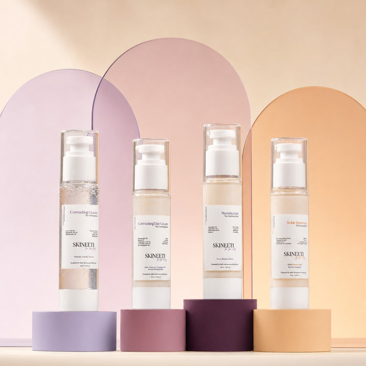 Four numbered steps, one quiet contract with your skin — cleanse, correct, protect, restore. The full SKINEETI system, morning to moonlight. Discover the ritual at skineeti.com.