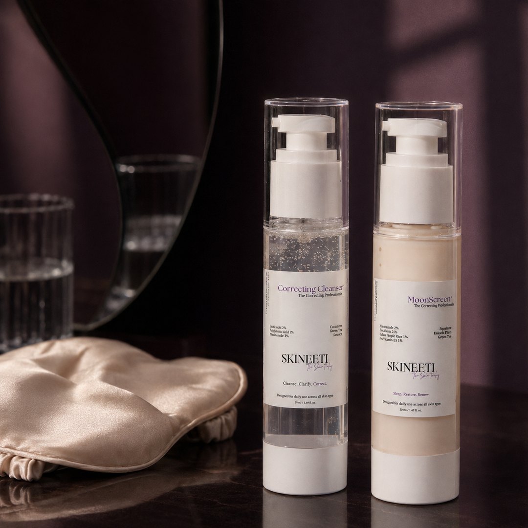 The night shift. Cleanse to reset, then MoonScreen to restore — bakuchiol 1% with niacinamide, working while you sleep.