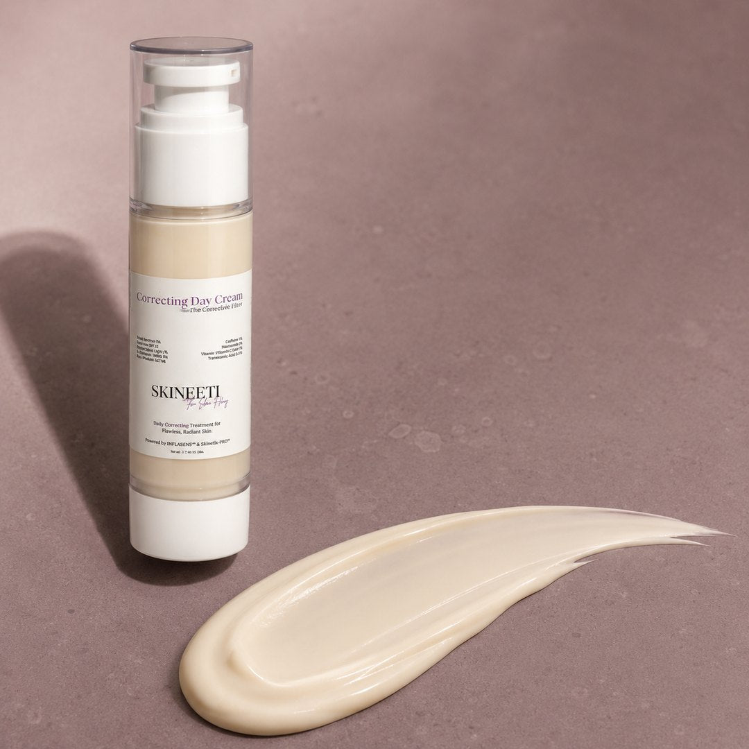 Texture check: the Day Cream swoosh. Seven therapeutic actives, zero heaviness — correct by day, always before SPF.
