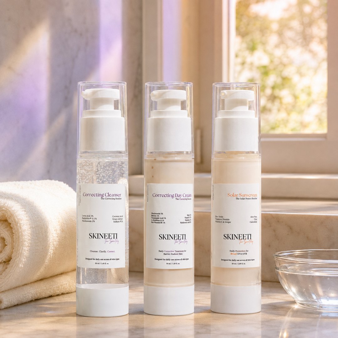 Morning light, morning ritual. Cleanse, correct, protect — the daytime three, lined up and ready.